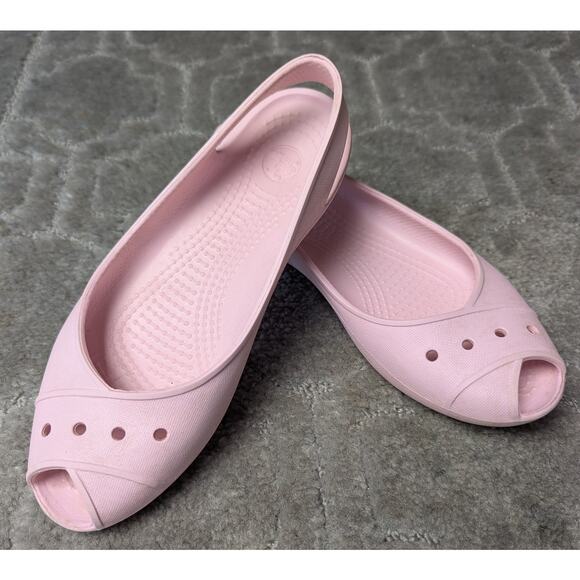 Crocs Peep Toe Ballet Flats WOMENS 5 Slingback Pink Shoes comfy casual barbie - Picture 4 of 7